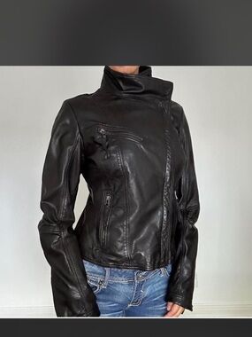 Danier Black Leather Moto Jacket with High Collar